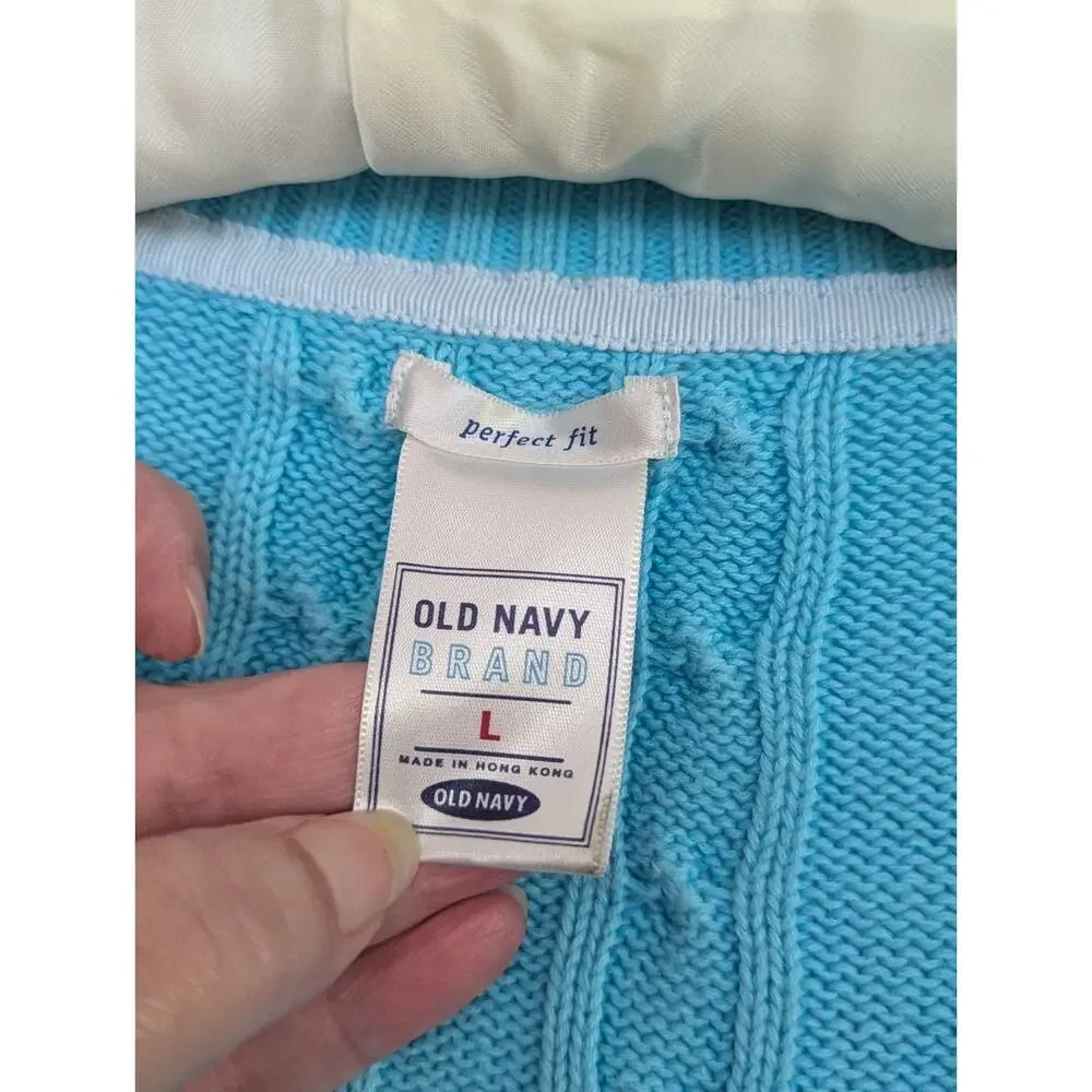 Old Navy Women's L Turquoise Blue Cable Knit V-neck Sweater Whale Logo Preppy